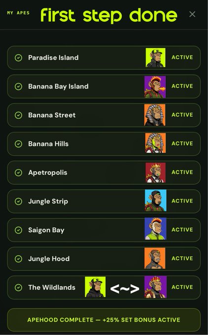 A 'MY APES' app screen titled 'first step done' showing active items like Paradise Island, Banana Bay Island, Jungle Strip, and The Wildlands, with an 'APEHOOD COMPLETE — +25% SET BONUS ACTIVE' message.