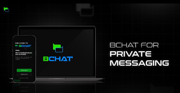 A promotional graphic for 'BCHAT' displaying 'BCHAT FOR PRIVATE MESSAGING' alongside a laptop and smartphone showing the app interface.