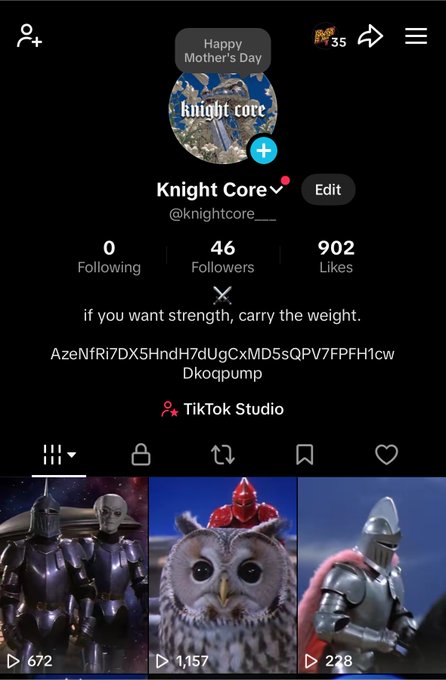 A TikTok profile for "Knight Core" (@knightcore___) is shown, featuring 46 followers, 902 likes, and a bio referencing the wallet address AzeNfRi7DX5Hnd7dUgCxMD5sQPV7FPFH1cwDkoqpump, while the post celebrates the account's growth to 9,173 followers and 290,000 likes, indicating the screenshot was taken at an earlier stage of the channel's development.