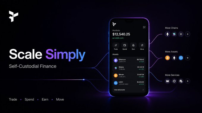 The image features an advertisement for a cryptocurrency trading app called "Scale Simply" that emphasizes simplicity and ease of use. The main focus of the image is a cell phone displaying the app's interface, which includes various icons representing different aspects of the app such as trading, spending, earning, and moving across chains. The background of the image is dark, creating a contrast with the illuminated cell phone screen to highlight the app's features prominently.