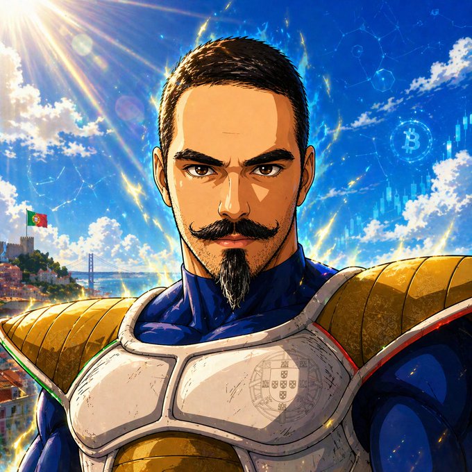 An anime-style portrait of a stern man with a mustache and goatee wearing armor with a Portuguese flag patch and crest, with a Bitcoin symbol, Portuguese flag, and a Lisbon-like cityscape with bridge visible in the background sky.
