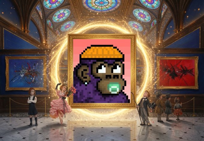 A pixel art character in a purple robe and yellow hat is displayed in an ornate golden frame inside a grand gallery with stained glass ceilings, surrounded by small figurines.