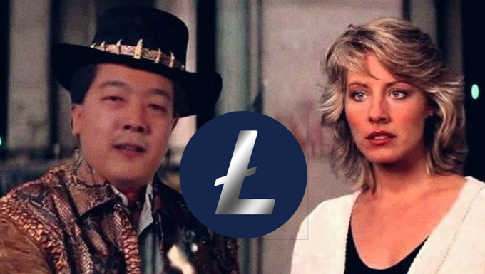 The image appears to be a still from the 1986 comedy film "Big Trouble in Little China," showing actors Dennis Dun (in a cowboy hat) and Kim Cattrall, overlaid with the Litecoin (Ł) logo. It humorously references the film's famous "This is Lo Pan!" line, replacing "Lo Pan" with the Litecoin symbol to suggest that the coin shown isn't the "real" blockchain, playfully positioning Litecoin as the true one in a classic meme format.