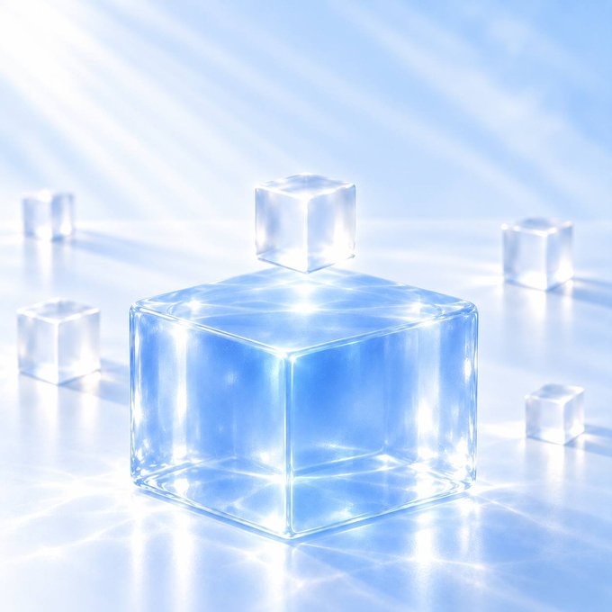 A clear, glass-like blue cube with a smaller matching cube resting on top, surrounded by other smaller transparent cubes on a light blue reflective surface, illuminated by soft light rays.