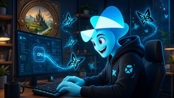 A stylized animated character with blue hair and a black hoodie is shown typing at a glowing CPU-themed computer, surrounded by floating blue butterfly-like figures in a dark workspace.