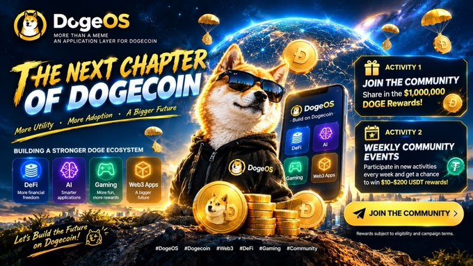 The image is a vibrant promotional banner for "DogeOS" — branded as "More Than a Meme, An Application Layer for Dogechain" — featuring a Shiba Inu in sunglasses and a leather vest alongside golden Dogecoin coins, advertising "The Next Chapter of Dogecoin" with ecosystem tools like DeFi, AI, Gaming, and Web3 Apps. It highlights two community activities: joining the community to share in $1,000,000 DOGE rewards and weekly events offering $10–$200 USDT prizes, with links to their Telegram and WhatsApp groups, aligning directly with the post's call to join for DOGE and USDT rewards.