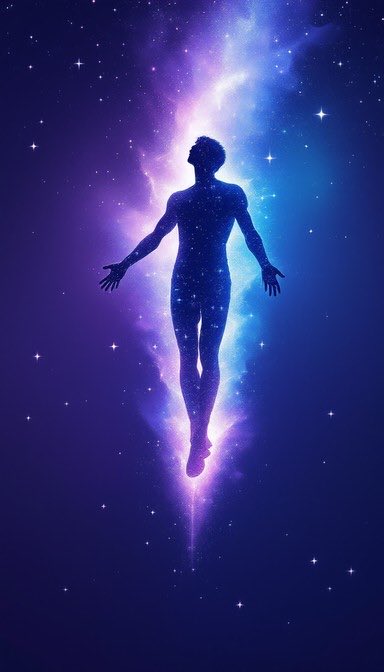 A silhouetted figure with outstretched arms floats amid a vibrant cosmic backdrop of deep blue and purple nebulae scattered with stars. The image visually embodies the concept of manifesting a massive win, with the figure appearing to channel or rise through powerful, expansive celestial energy as if drawing success from the universe itself.