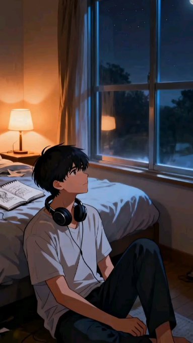 An anime-style illustration depicts a young man with dark hair wearing headphones and a white t-shirt, sitting on the floor in a bedroom and looking out a large window at a starry night sky.