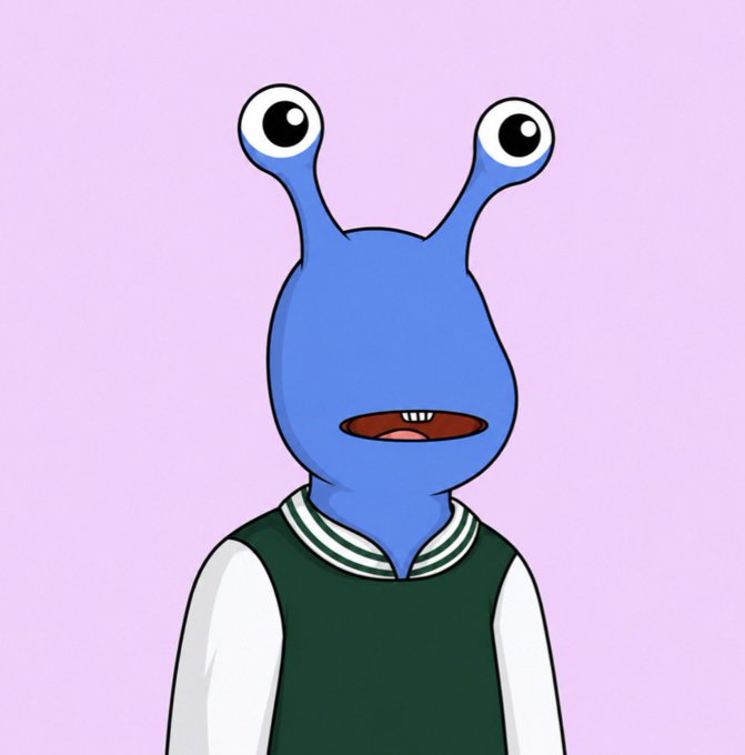 A cartoon blue alien character with large eye-stalks and a small mouth, wearing a green and white varsity-style jacket, stands against a soft purple background. The whimsical creature adds a playful, meme-like vibe to a giveaway tweet offering 5 guaranteed ETH spots to those who follow, like, and retweet.
