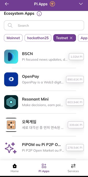 A Pi Network 'Pi Apps' interface lists ecosystem apps on the Testnet, including 'BSCN' (1.02M Pi), 'OpenPay', 'Resonant Mini', and others with their respective Pi token amounts.