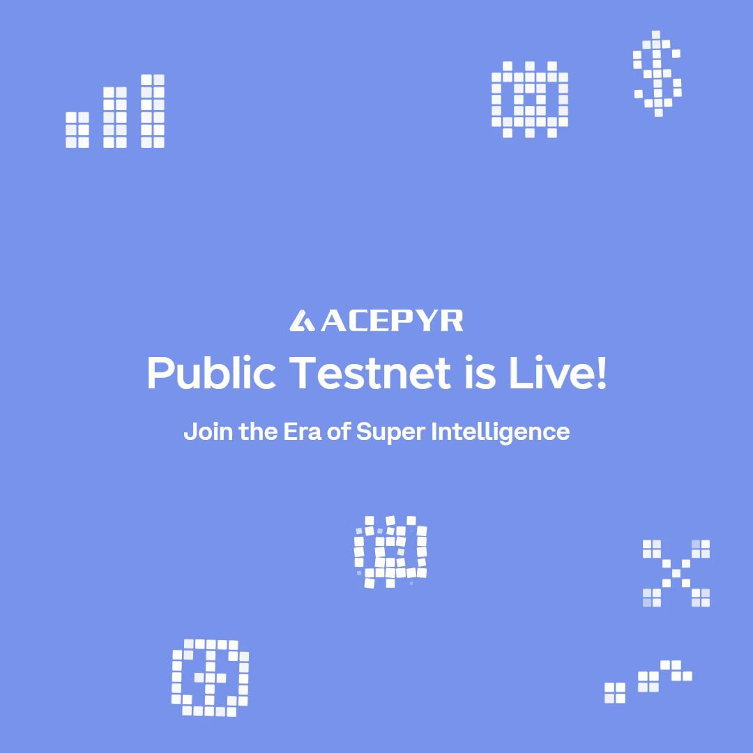 The image features a blue background with white text that reads "Acepyr Public Testnet Is Live!". The text is surrounded by various shapes and icons related to testnets and blockchain technology. There are also some dollar signs, which could be symbols of cryptocurrency or payment methods associated with the testnet.