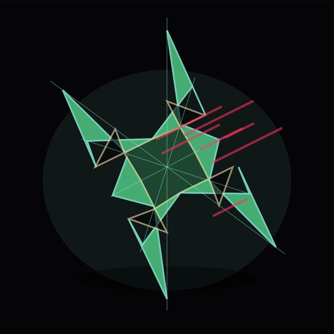 A geometric illustration featuring a green star-like polygon with triangular extensions and intersecting red lines against a black background, visually representing the interconnected, data-recording nature of Uniswap v4's Hook system used by $RELICS to track and store each pool event—from liquidity additions to swaps and volatility—as immutable memory.