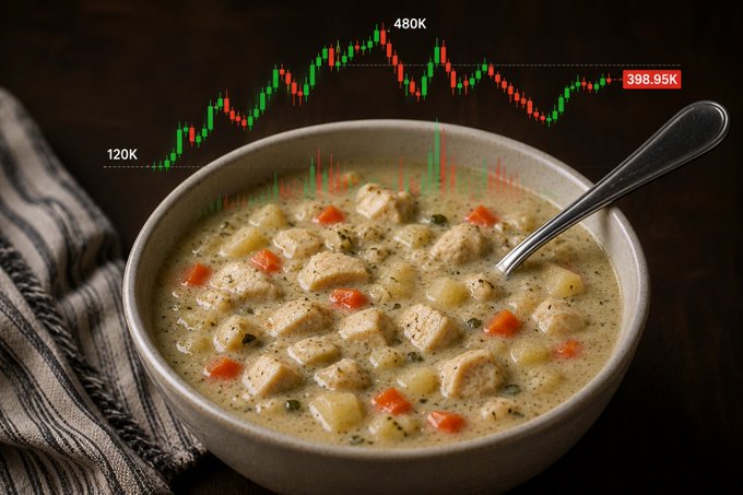 A bowl of creamy chicken and vegetable soup with a spoon, overlaid with a stock chart showing values like '120K', '480K', and '398.95K'.