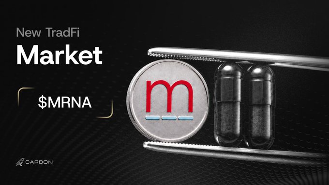 A promotional graphic for Carbon's New TradFi Market featuring the ticker $MRNA, showing a coin with an 'm' logo held between tweezers next to two black capsules.