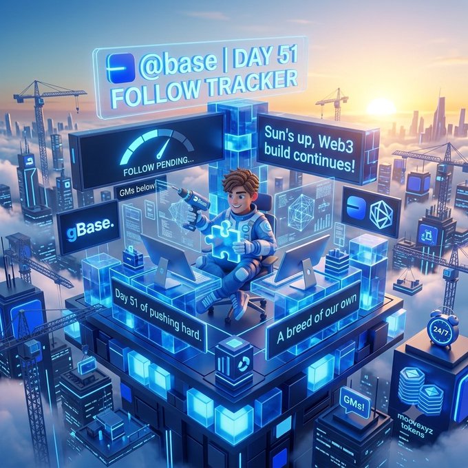 A 3D-style illustration promoting '@base | DAY 51 FOLLOW TRACKER' featuring an astronaut building on a platform above a futuristic city, with text reading 'Sun's up, Web3 build continues!'