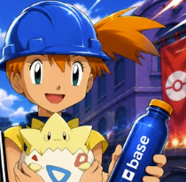An illustrated character with orange hair and a blue cap holds a yellow Pokémon (Togepi) and a blue bottle labeled 'base' against a stylized city background.