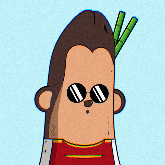 A stylized cartoon illustration of a character with brown hair, round black sunglasses, a small nose and mouth, green bamboo shoots behind the head, wearing a red and white outfit, set against a teal background.