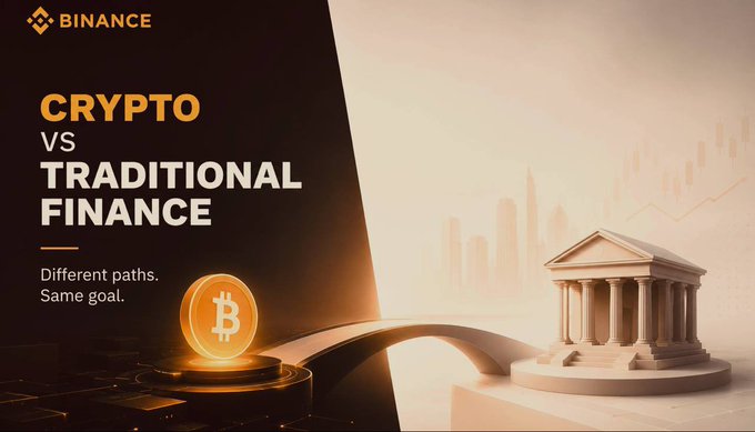 Binance promotional graphic titled 'CRYPTO VS TRADITIONAL FINANCE' with the tagline 'Different paths. Same goal,' showing a Bitcoin coin and a classical bank building.