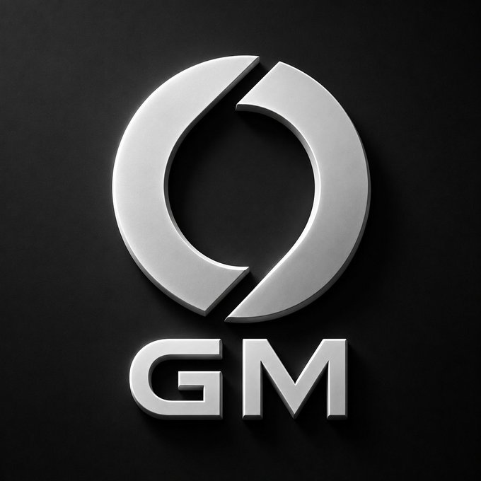 A sleek, metallic "GM" logo featuring a stylized circular emblem above bold silver lettering, set against a dark black background—aligning with the "gm soneians @soneium" branding as a clean visual representation of the account or project.