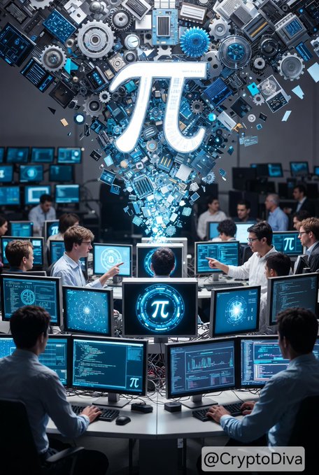 The visual showcases a high-tech environment with developers gathered around computer screens displaying the Pi symbol, surrounded by an array of electronic components, visually reinforcing the concept of major Wall Street stocks like Apple, Microsoft, Nvidia, Tesla, and Amazon becoming tokenized assets on the blockchain. The "@CryptoDiva" watermark appears in the bottom right corner, tying the futuristic imagery to the post's theme of 24/7 blockchain-based trading.