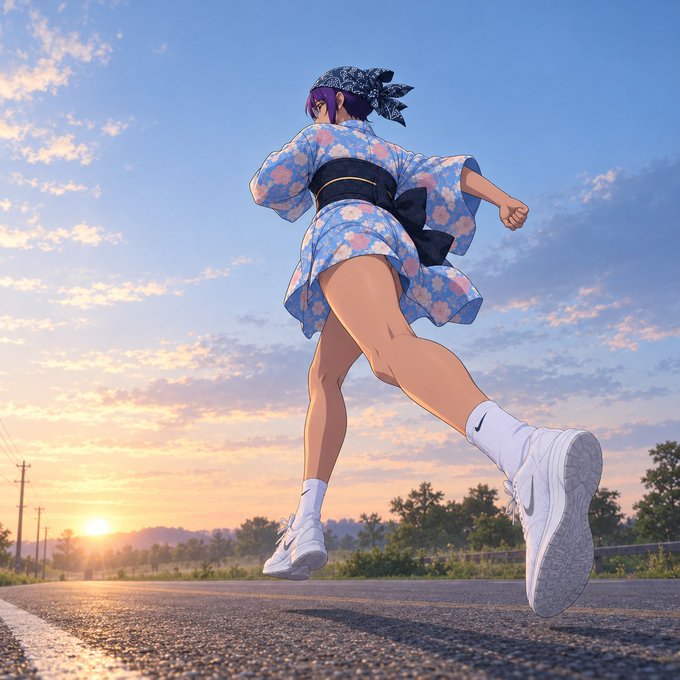An anime-style illustration shows a girl from behind, running down a road in a blue floral yukata with white sneakers against a sunset sky.