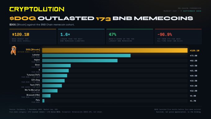 A chart titled 'CRYPTOLUTION' showing '$DOG OUTLASTED 173 BNB MEMECOINS' with statistics like '$120.1M' market cap and '-96.9%' decline, comparing DOG (Bitcoin) to other tokens.