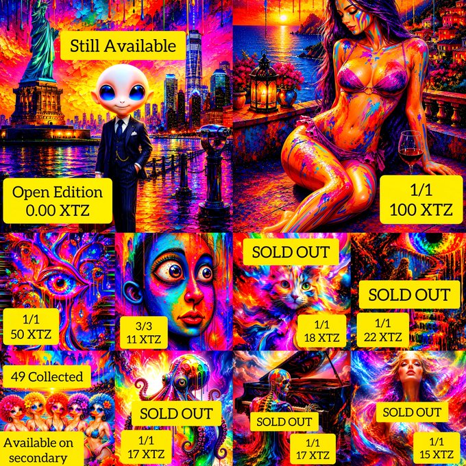 A vibrant collage of AI-generated artworks displays NFT listings with prices in XTZ, including 'Open Edition 0.00 XTZ', '1/1 100 XTZ', and multiple 'SOLD OUT' labels.