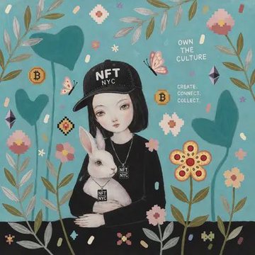 A colorful illustration of a girl in an 'NFT NYC' cap holding a rabbit, with text reading 'OWN THE CULTURE' and 'CREATE. CONNECT. COLLECT.'