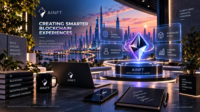 An AINFT promotional graphic displaying a futuristic office setup, an Ethereum logo, and the headline 'CREATING SMARTER BLOCKCHAIN EXPERIENCES' with subheadings about AI applications.