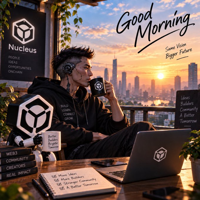 A stylized digital artwork showing a cyberpunk-themed man drinking from a mug with a 'Nucleus' logo, overlooking a city skyline at sunrise, with text reading 'Good Morning, Same Vision Bigger Future' and slogans like 'BUILD LEARN CONNECT GROW' and 'Ideas Builders Community A Better Tomorrow.'
