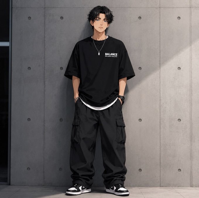 An illustration of a young man leaning against a concrete wall, dressed in black streetwear including a t-shirt that says "BALANCE", baggy cargo pants, and sneakers.