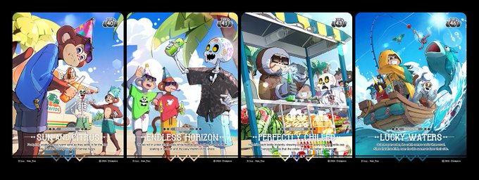 Four colorful digital artwork cards titled 'SUN-KISSED RUST', 'ENDLESS HORIZON', 'PERFECT CHAOS', and 'LUCKY WATERS' featuring various cartoon characters in summer scenarios.