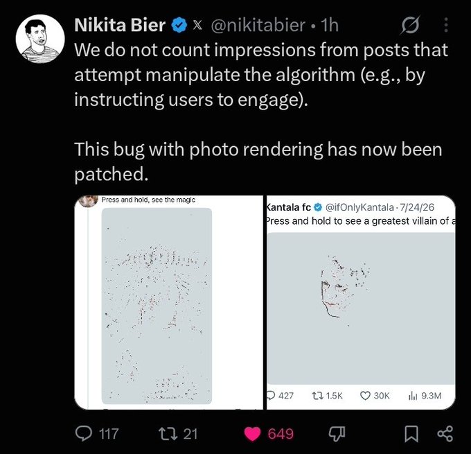 Screenshot of an X post by Nikita Bier (@nikitabier) stating they don't count impressions from posts attempting to manipulate the algorithm, noting a photo rendering bug has been patched, showing distorted face renderings.