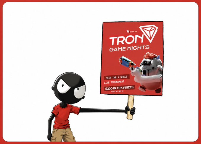 A cartoon character holding a sign advertising 'TRON GAME NIGHTS' with details about joining 'THE X SPACE', a live tournament, and $200 in TRX prizes.
