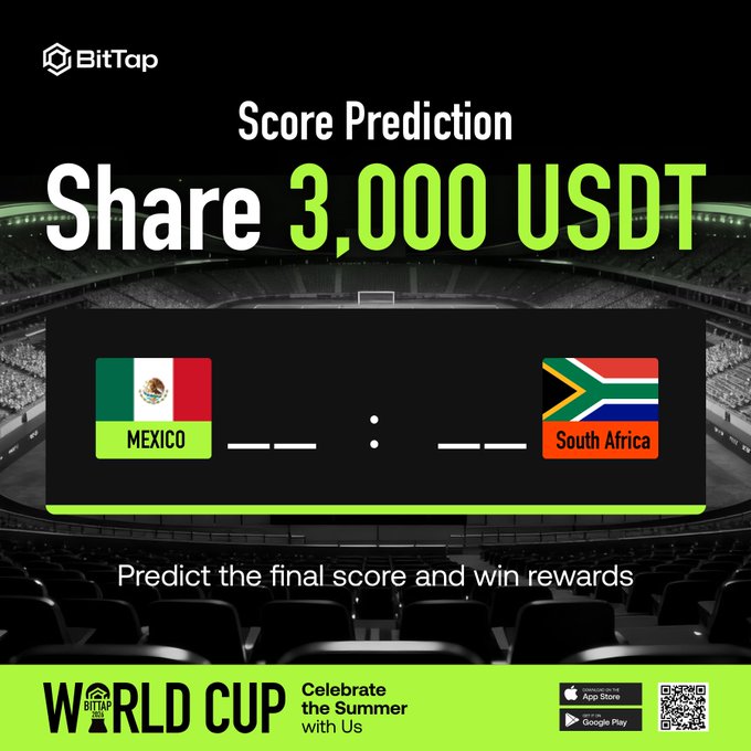The image features a poster advertising an upcoming soccer match between Mexico and South Africa, with a focus on predicting the final score of the game. The poster also includes a QR code that leads to an app where users can predict the outcome of the match based on their predictions. The app offers two ways to join - by predicting the exact score or by picking the winner. The post mentions BitTap's base prize pool and additional rewards for joining, including 90U bonus rewards and a chance to win X: predict the final score.