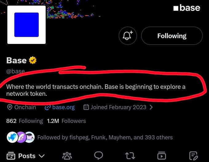The image shows a screenshot of a social media post, with a red circle containing text that reads "Where the world transactions onchain. Base is beginning to explore a network token." The post appears to be about a cryptocurrency called Base, which has gained attention due to its unique name and the fact that it can fix itself.

The image also contains several other elements such as a logo for a company named Base, a person's profile picture, and a list of followers. There is a button in the bottom right corner that says "Follow", indicating that users should follow the post to stay updated on Base's activities or news related to their cryptocurrency.