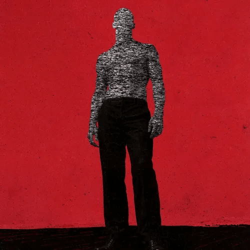 A digital artwork of a muscular figure wearing black pants, with his upper body completely textured and blending into a rough red wall background.