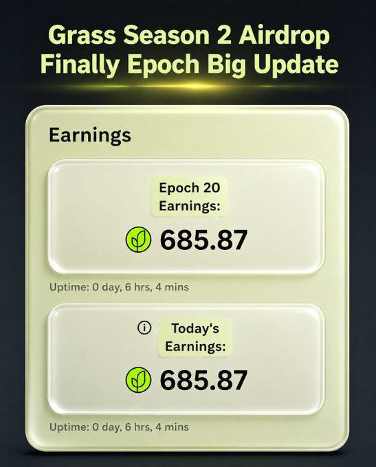 The image features two scorecards displaying data related to an Epoch update for the Grass Season 2 Airdrop distribution. One scorecard has a green background with black text, while the other has a white background with black text. Both of these scorescards have different numbers and letters displayed on them based on their respective update statuses. The image shows that the update for the final Epoch (Epoch 20) has already started in this distribution, as indicated by the green scorecard showing the progress of the update. This suggests that there is a strong possibility that Epoch 20 could be the last epoch before the long-awaited distribution to the users.