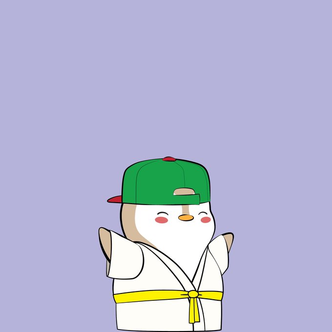 The image features a cartoon penguin wearing a green baseball cap, white shirt, and yellow belt. The penguin has its arms outstretched as if waving or dancing. The background of the image is purple with a white border. There are no other objects in the image besides the penguin and the purple background.