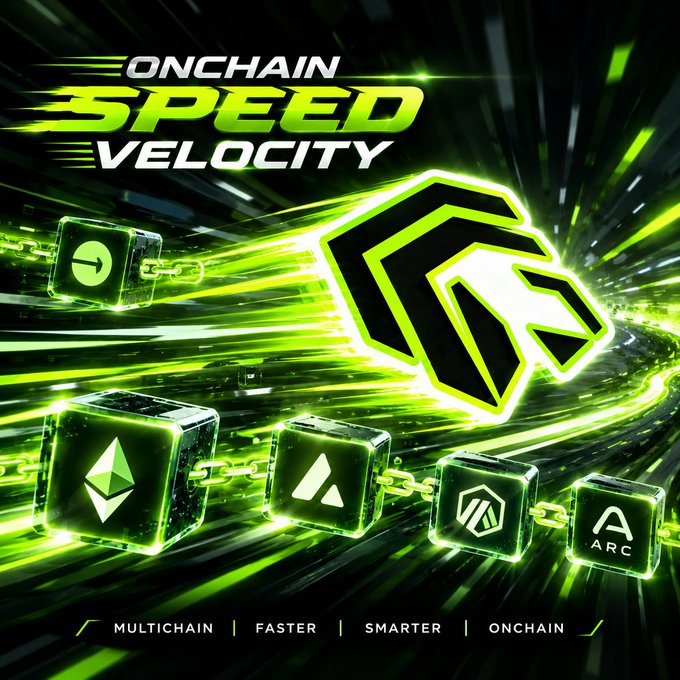 A promotional graphic titled 'ONCHAIN SPEED VELOCITY' featuring a green geometric lion/crypto logo alongside blockchain icons for Ethereum, Mantle, and ARC, with the tagline 'MULTICHAIN | FASTER | SMARTER | ONCHAIN'.