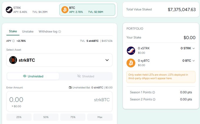 A staking dashboard shows STRK and BTC options, with a Total Value Staked of $7,375,047.63 and an empty portfolio.