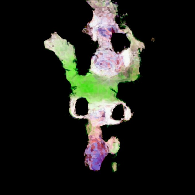 An abstract, distorted digital artwork on a black background with green, pink, and purple fragments forming a vaguely figure-like shape.