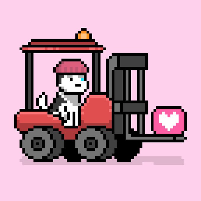Pixel art of a white skeleton character wearing a red cap and riding a red forklift while giving a thumbs-up, with a pink box featuring a white heart on the forks, set against a pink background.