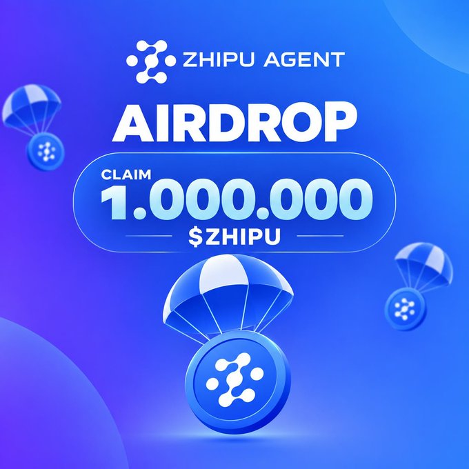 The image is a promotional graphic for a ZHIPU AGENT airdrop, displaying a blue parachute with a ZHIPU token landing on it, alongside text announcing "AIRDROP" and "CLAIM 1,000,000 $ZHIPU." It visually reinforces the post's message that participants can claim 1,000,000 $ZHIPU tokens by leaving their BNB address and reposting, with availability limited to the first 500 wallets.