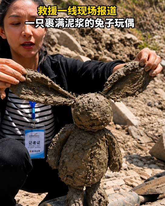 A reporter holds up a mud-covered bunny plush toy found at a disaster site, with Chinese text reading "救援一线现场报道 一只裹满泥浆的兔子玩偶" (Frontline rescue report: a mud-covered bunny plush), visually representing the recovery efforts and recovery of items in Gyirong that the post highlights as the crypto community coming together to aid.