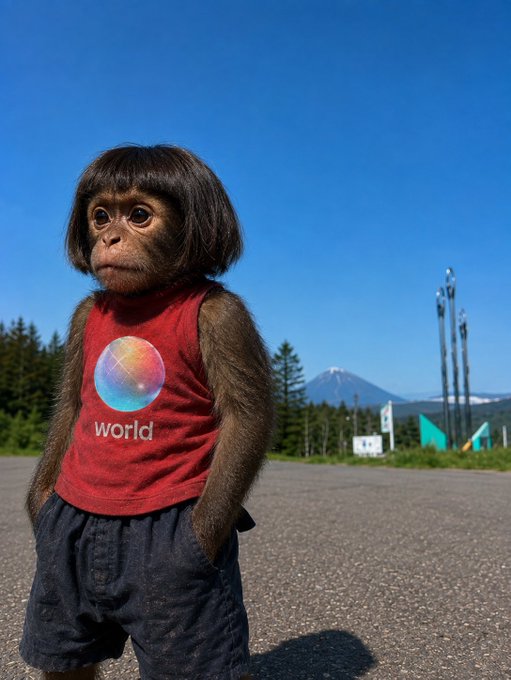 A child wearing a chimpanzee mask and a red tank top with a colorful sphere and the word 'world' stands on pavement with mountains in the background.