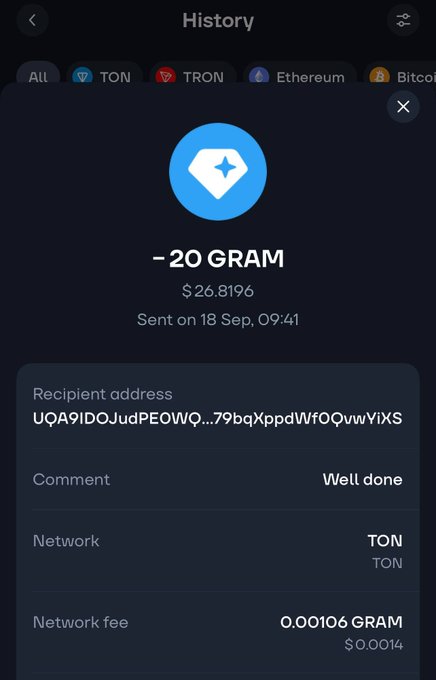 A mobile app history page shows a completed transaction of -20 GRAM ($26.8196) sent on September 18 at 09:41 via the TON network to recipient address UQA91DOJudPE0WQ...79bqXppdWf0QvwYiXS with comment "Well done" and a network fee of 0.00106 GRAM ($0.0014). The image confirms one of the promised 100 GRAM reward transfers to giveaway winners, with the friendly comment "Well done" acknowledging the recipient.