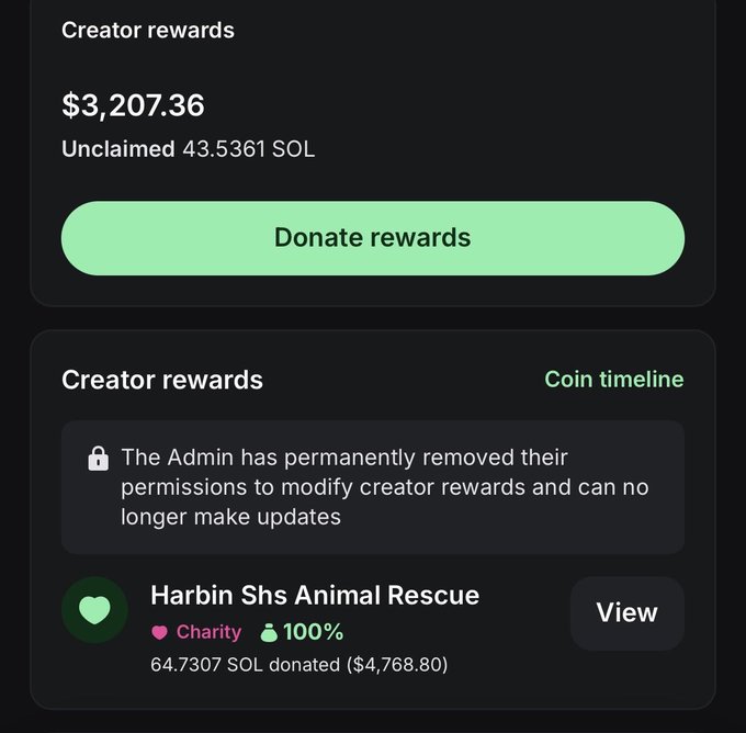 A screenshot of creator rewards on what appears to be a Solana-based platform shows $3,207.36 (43.5361 unclaimed SOL) with a "Donate rewards" button, and below it confirms that admin permissions to modify rewards have been permanently removed, with 100% of donations locked to Harbin Shs Animal Rescue, who has already received 64.7307 SOL ($4,768.80). The image directly supports the post's claim that all future creator fees are irrevocably directed to @harbinshs, reinforcing the call for #JusticeForWangwang.