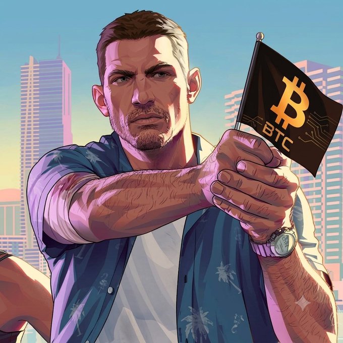 A stylized illustrated man holds a Bitcoin (BTC) flag with a city skyline in the background.