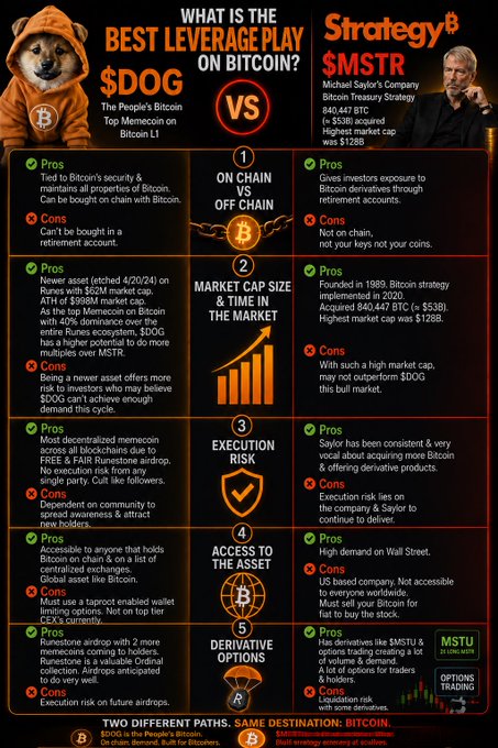 Infographic titled 'WHAT IS THE BEST LEVERAGE PLAY ON BITCOIN?' comparing $DOG (The People's Bitcoin) vs Strategy's $MSTR (Michael Saylor's Company), covering 5 categories: on-chain vs off-chain, market cap size, execution risk, access to the asset, and derivative options.